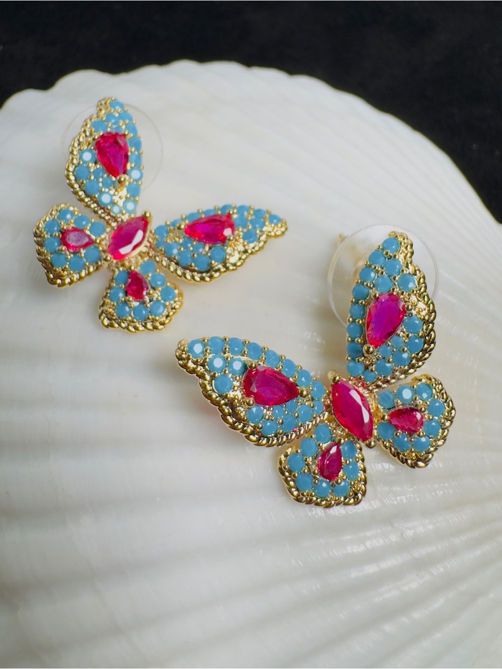 Turquoise Butterfly Statement Stud Earrings Pink CZ Gold Tone